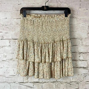 NWT Hem & Thread Women's Medium Tiered Floral Skirt Mustard 100% Rayon Lined NEW